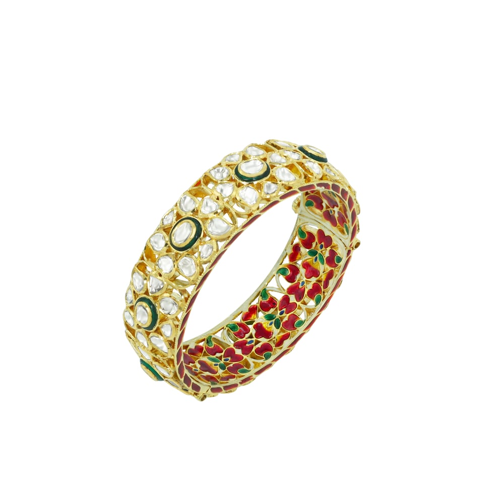 Half-Openable Bangle with Polki and Green Enamel